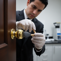 Perito revelando huella dactilar en pomo de puerta con técnica forense